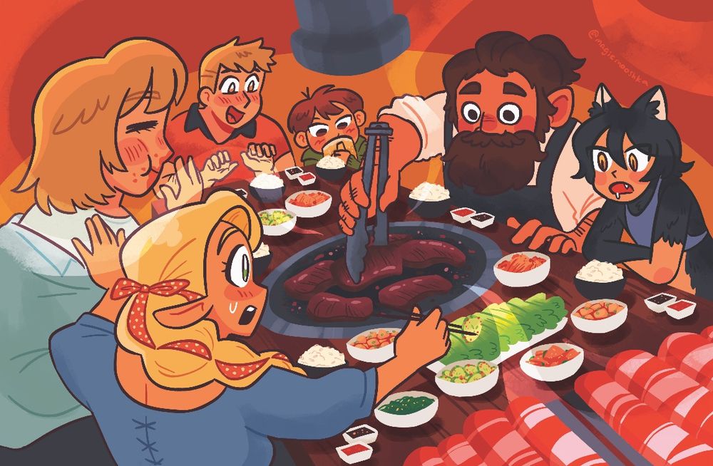 A fanart illustration of the “Delicious In Dungeon” characters seated around a Korean barbeque table. The tabletop is covered in banchan bowls containing spinach, fishcake, tofu, kimchi, and cucumbers. There are also two trays of rolled raw pork belly, bowls of rice, and a tray of lettuce. Marcille and Fain sit beside each other, with Marcille picking up a cucumber with her chopsticks and touching Falin tenderly as if to get her attention. Falin chews contently, kimchi all over her face. Across from them sit Senshi and Izutsumi. Senshi is grilling the meat, which rests on the circular grill in thick fatty slabs. Izutsumi stares at the meat and leans forward, drool hanging from her mouth. At the far end of the table are Laios and Chilchuck. Laios holds his hands above the table edge, a hungry look in his eyes, mouth hanging in an open smile. Chilchuck eyes the meat while sipping a jug of beer. Smoke wafts from the grill and curls around the scene.