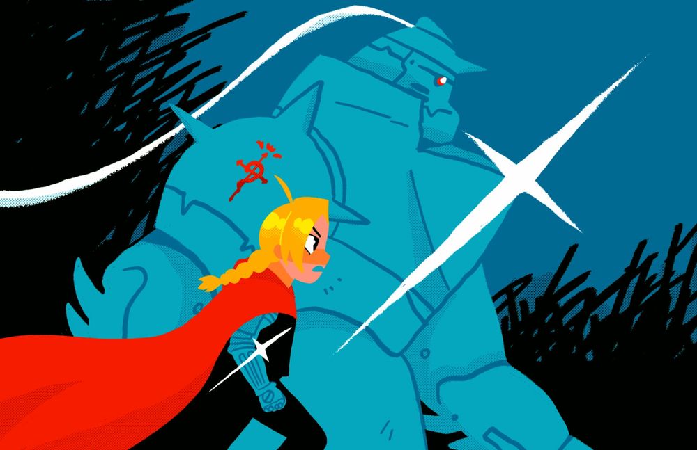 a digital drawing with a limited color palette of Edward Elric and Alphonse Elric from Fullmetal Alchemist striding onwards. They are in profile and facing right. Edward’s red cloak billows behind him, a stark contrast to the mostly blue piece. Alphonse’s plume billows behind him as well, and his eyes glow red. A large white star reflects off the chestplate of Al’s armor. A matching smaller white star glistens off Ed’s automail. Black, scratchy hatching covers the bottom half of the background, giving the piece a gritty feel.