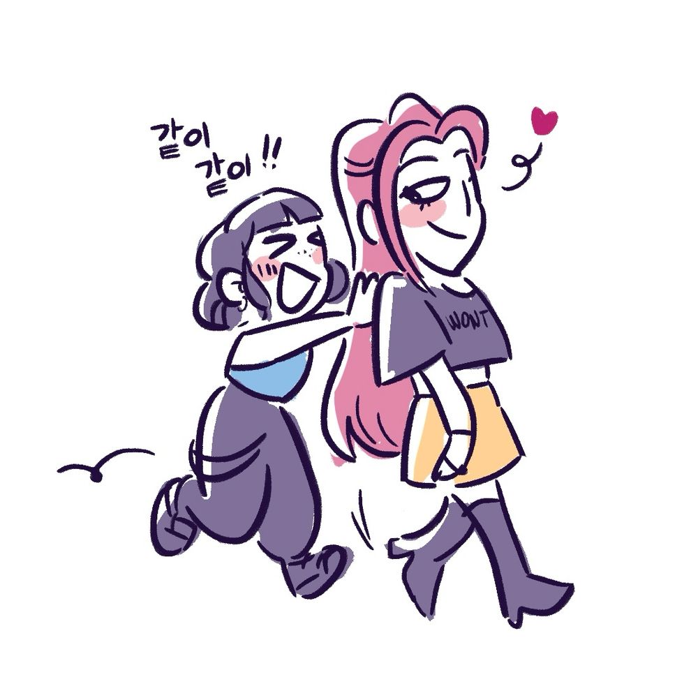 doodle of Zoey from "KPOP Demon Hunters" pushing a smiling Mira from behind, saying [같이 같이!!]