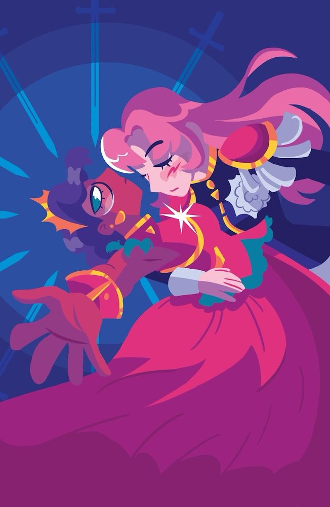 a lineless digital artwork reinterpreting the sword pull sequence from “Revolutionary Girl Utena.” Utena sweeps Anthy close with one hand, and draws her face towards her, eyes closed. Anthy, however, has her eyes open. She gazes piercingly at the viewer, and stretches out her hand. A ring of swords, pointed at her head, surrounds her. The glow of the Sword of Dios sparks in Anthy’s chest, casting both her and Utena in bright light and sharp shadows.