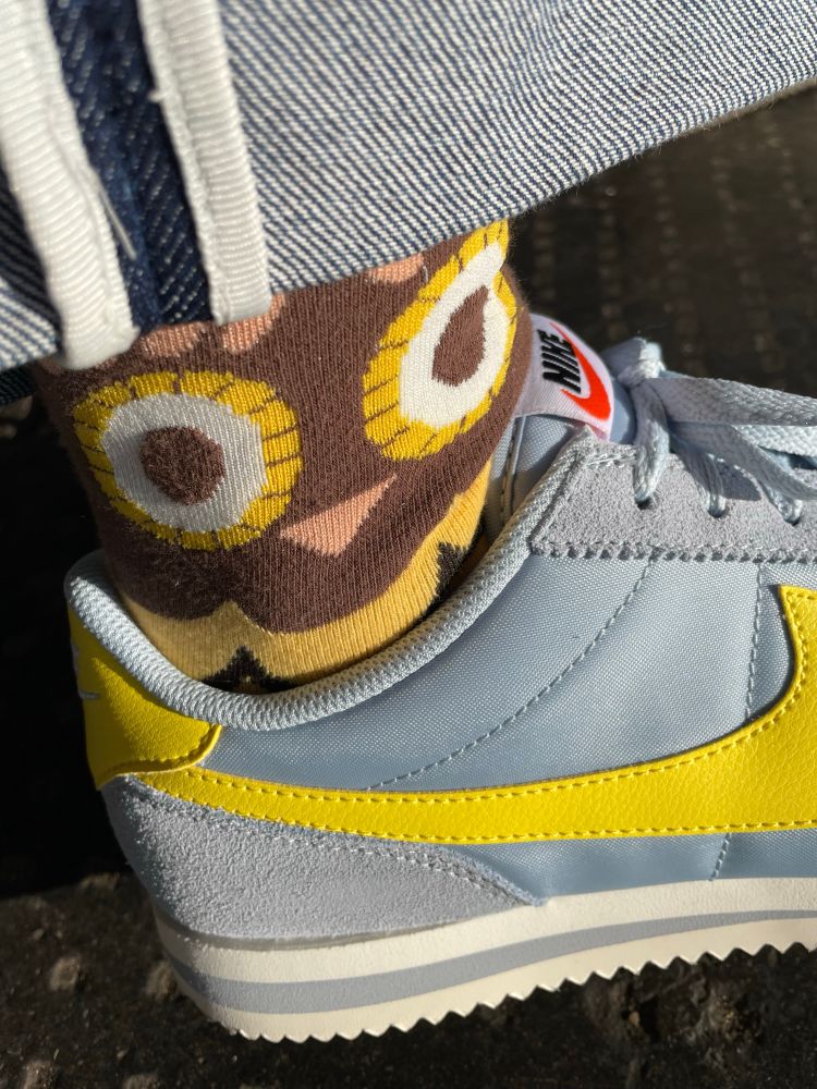 Photo of close up of an ankle / a foot in a trainer. Wearing socks with a graphical owls face poking up out of a pair of grey blue and yellow Nike trainers.