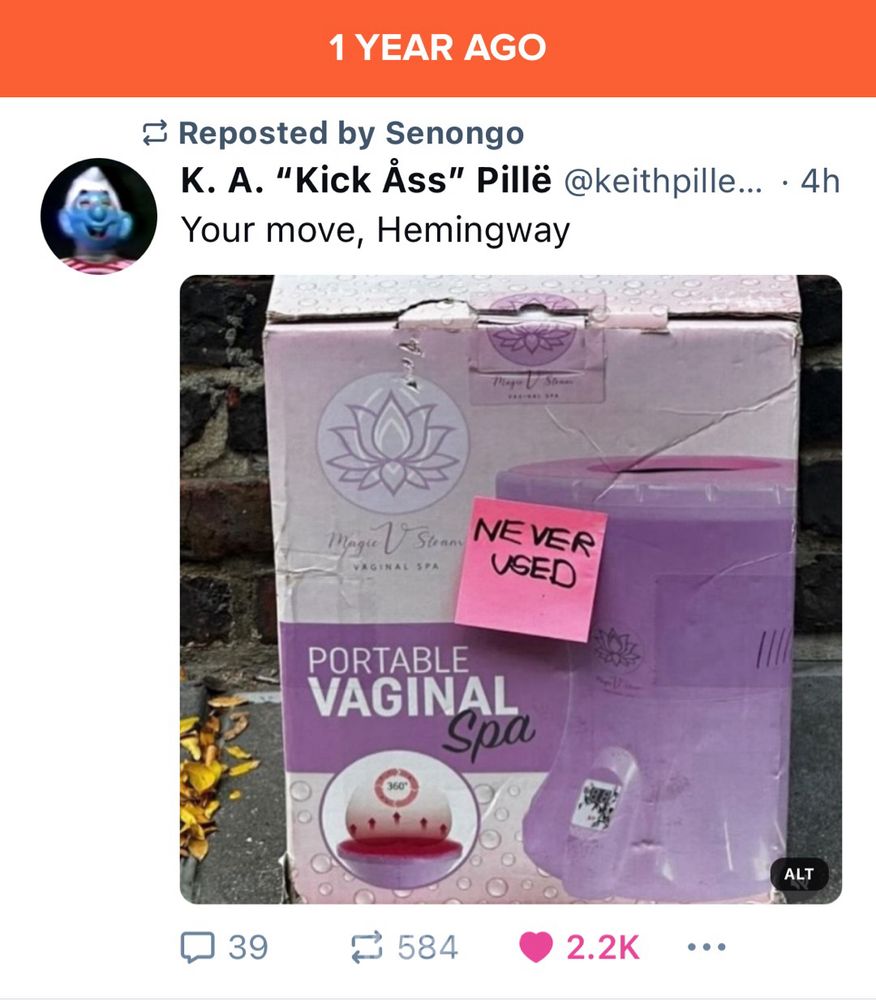Screen shot of a Timehop date stamped screen shot of a Bluesky tweet showing a box on a pavement for a portable vaginal spa with a post it note with the words “never used” on it. The caption is “your move, Hemingway”