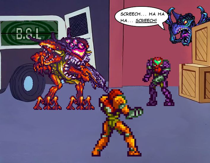Spiderman pointing meme but with 3 different SA-X's the NYPD truck is replaced with a BSL panel.  One SA-X is the big monster form, one is colored for gravity suit, one for Varia.  In the corner Neo-Ridley is screaming with his hands up "SCREECH... HA HA HA.... SCREECH!" because one dumb meme isn't enough when I get started.