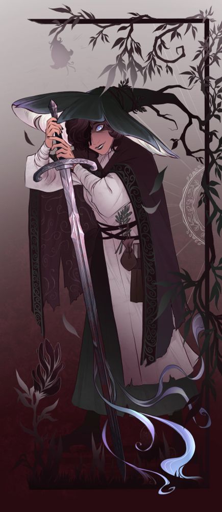 A witch holding an extremely long sword with magic leeching off of it. The witch is surrounded by plants; her hat even looks to be made of plants. Her clothes look tattered and worn. She’s grinning despite half of her face leaking black liquid. On her belt she has a sachet and a book.