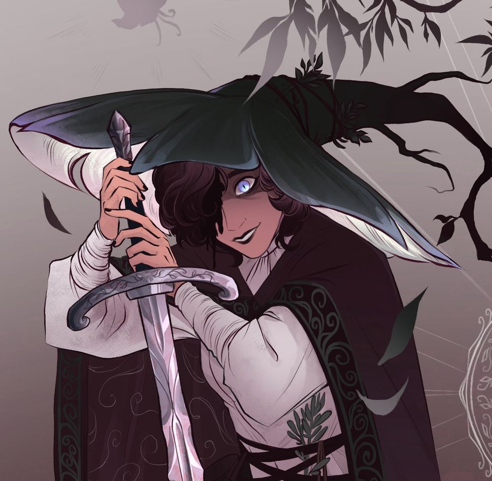 Closeup of the art, focusing on the witch’s face. She has a vibrant eye with a slotted pupil. Her fingernails are painted black. Her hair is loosely curled and short.