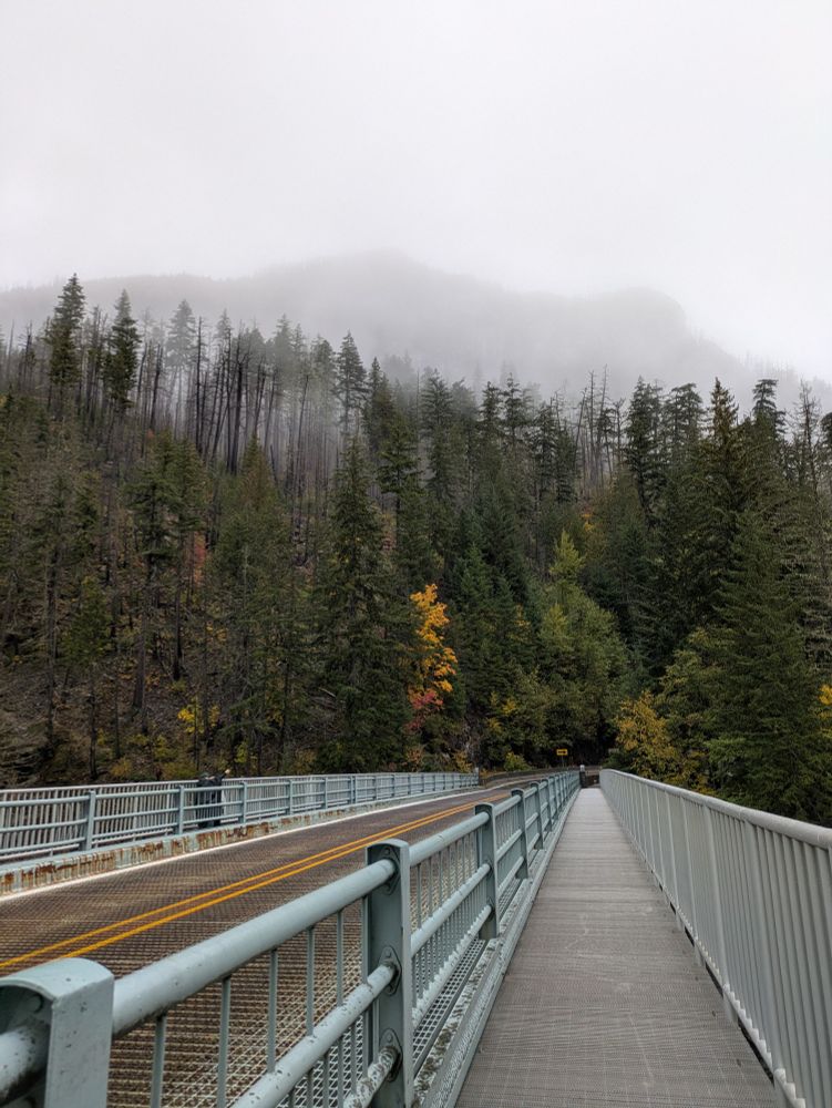 Gorge Creek Falls Bridge with a fog shrouded forest looming in the distance, the silhouette of a mountain can be seen through the thickest portion of fog at the top.