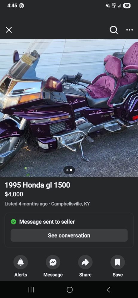 Facebook marketplace listing of a custom purple 1995 Honda goldwing motorcycle, pig and flashy and plastic-coated