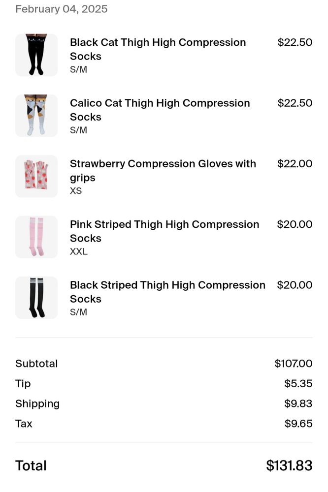 Order receipt showing several pairs of compression thigh highs and a pair of compression gloves from Bibi's shop