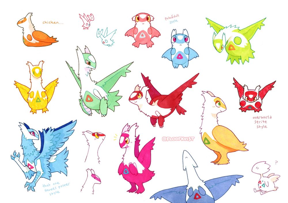 a page full of doodles of latias and latios, in different styles and colors (and there’s a random togetic too)