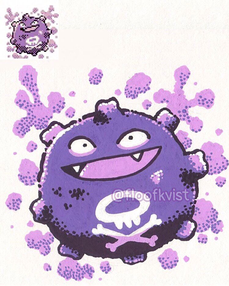 the pokemon koffing in a purple monochrome palette, with the original sprite in the upper left corner