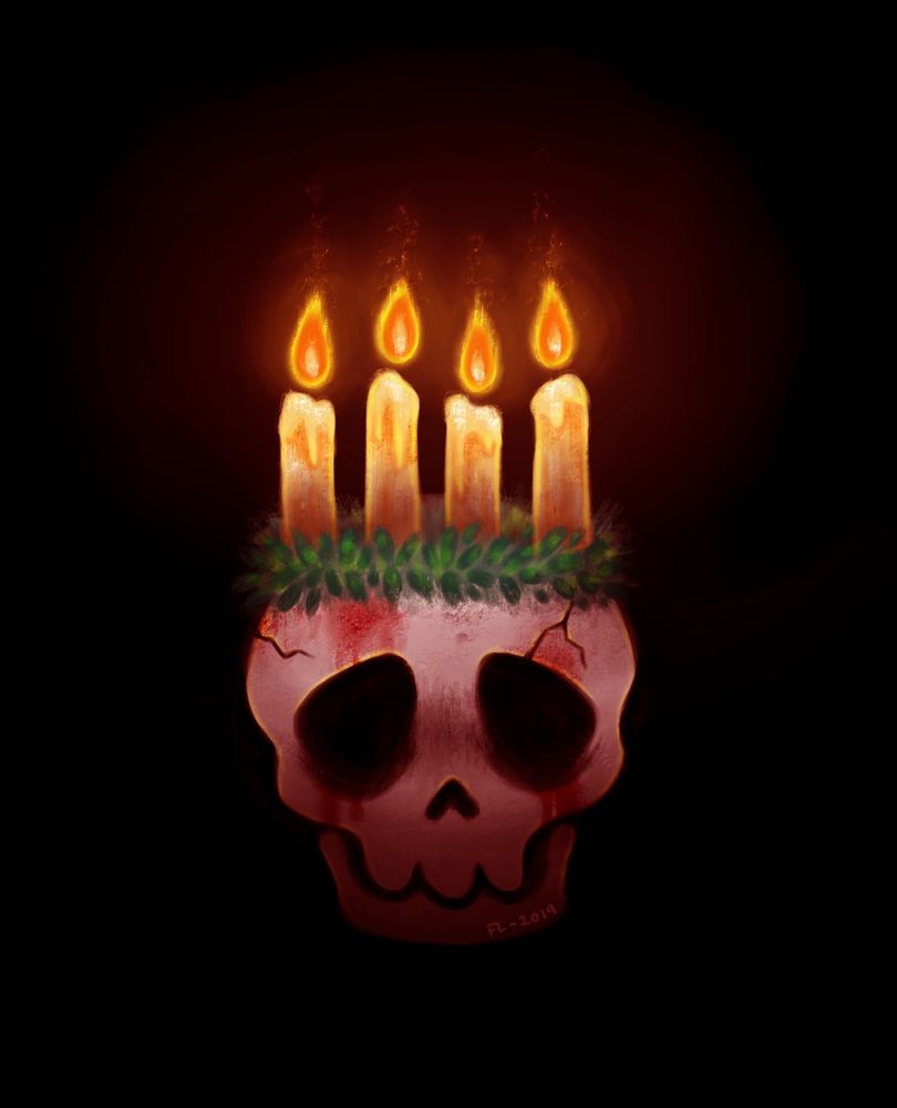 a digital painting of a bloody cartoony human skull against a black background. it is wearing a crown of candles on its head, illuminating the darkness.