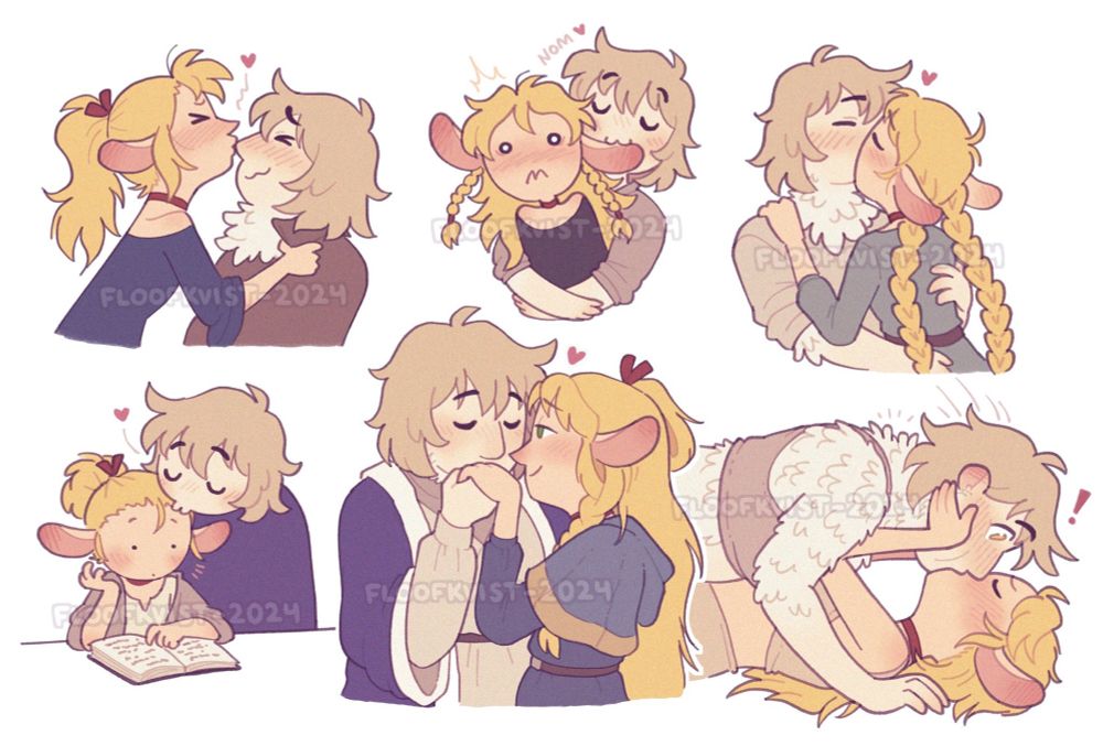 a collection of fanarts of falin and marcille kissing in various ways. 1. nose kiss, 2. ear kiss, 3. passionate kiss, 4. forehead kiss, 5. hand kiss, 6. grabby kiss