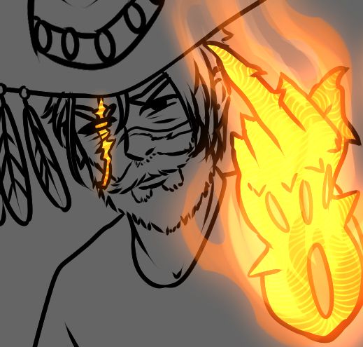 A dumb little doodle of my D&D character, Carver, flipping off the camera with his cursed, skeletal, permanently on fire arm in full view. An equally fiery, orange scar runs up the right side of his face through his scruffy beard and affects the color of his eye. A second scar runs perpendicular to the first on the opposite side of his face, just underneath his normal left eye, peeking out from behind longer, shaggy hair. A cowboy hat sits on his head which has 3 feathers adorning the side of it. His expression looks generally perturbed, but relatively unbothered. He really didn't like the horseman of War that showed up to terrorize him and the party, and he will react the same way to the Big Bad Evil Guy at the end of the campaign.