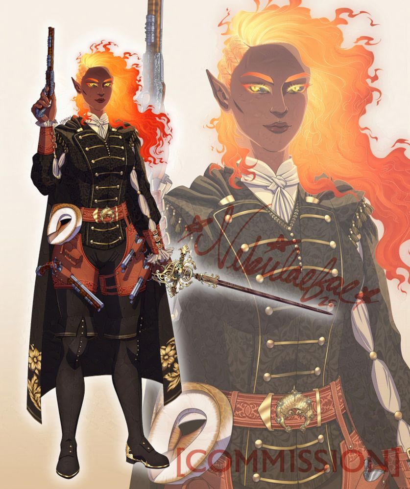 A commission of a fire genasi woman with reddish skin, yellow eyes, and fiery long hair braided close to her head on one side. She holds up a flintlock pistol in her right hand and holds a gold and red rapier in her left. She wears black and gold duelist clothes in a relatively Victorian style with gold floral accents and buttons. She has 3 more flintlock pistols in leather holsters on her hip, where an owl mask also hangs from a belt. The belt buckle is a symbol of Selune.