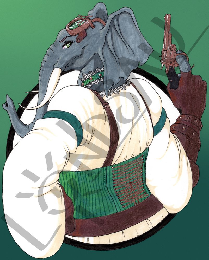 Mixed media art of a Luxodon in an off-white shirt and green- and teal-striped corset. She's holding a copper revolver in one hand and matching copper goggles on her head. She is looking over her shoulder with a smirk.  She's within a circular black frame and a green gradient background.