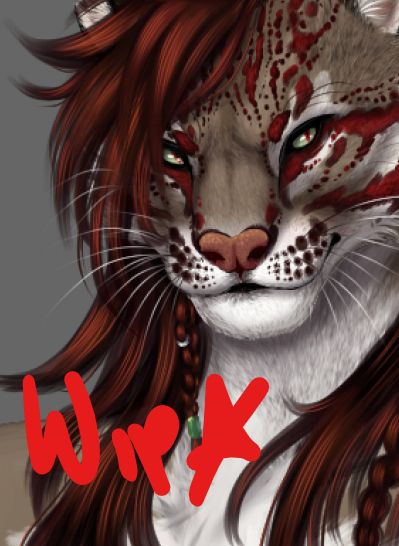 Work in progress digital art of an ocelot-looking character with white, tan, and dark brown fur and crimson spots and markings resembling natural ocelot markings. Dark rust-colored hair flows beside his face and over his shoulders, a few braids here and there amid his long hair. The letters "WIP" are hand written over him to denote the work is in progress.