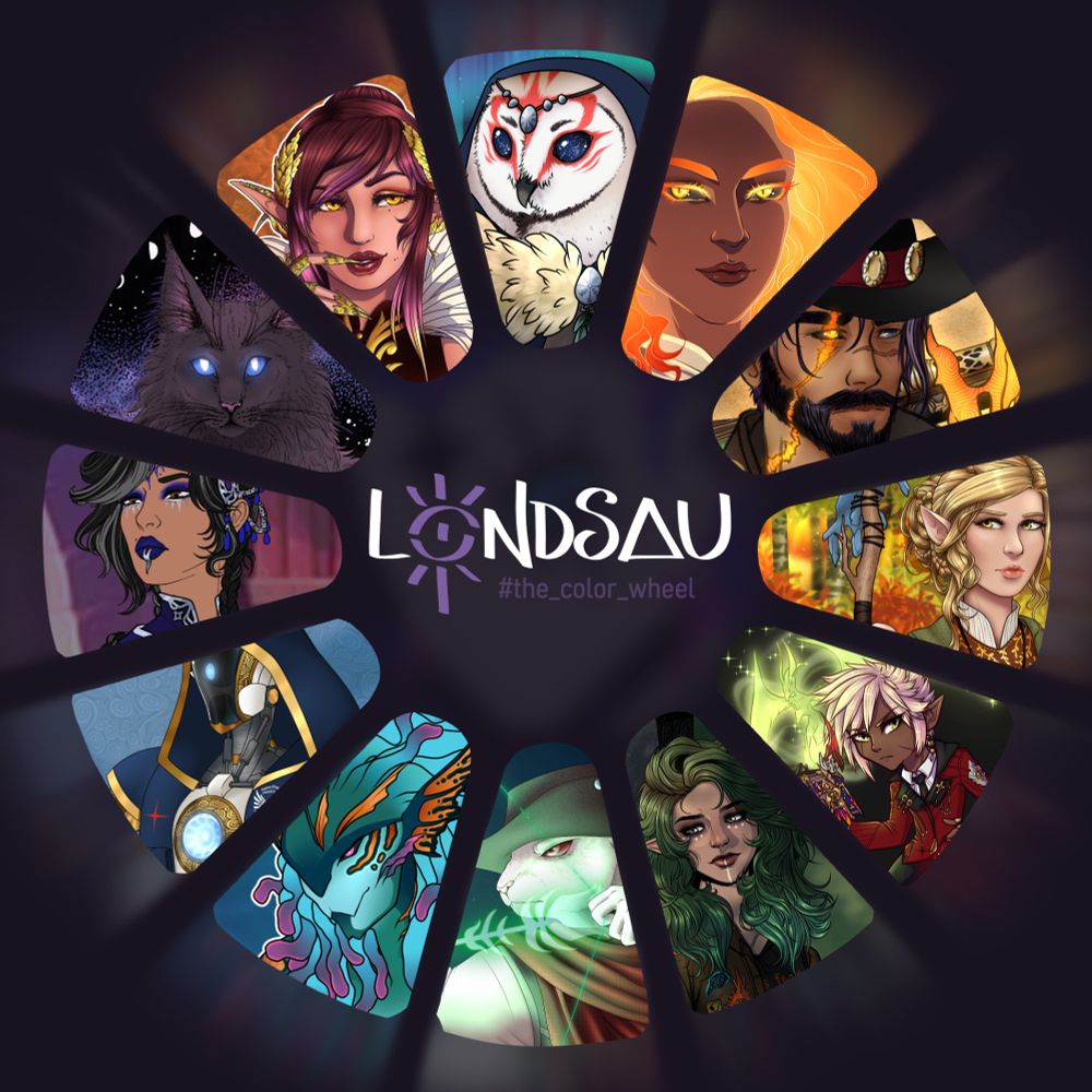 image of the color wheel trend on a dark background with a composite of 12 art and drawings I've done over the years in the various hues of the color wheel.