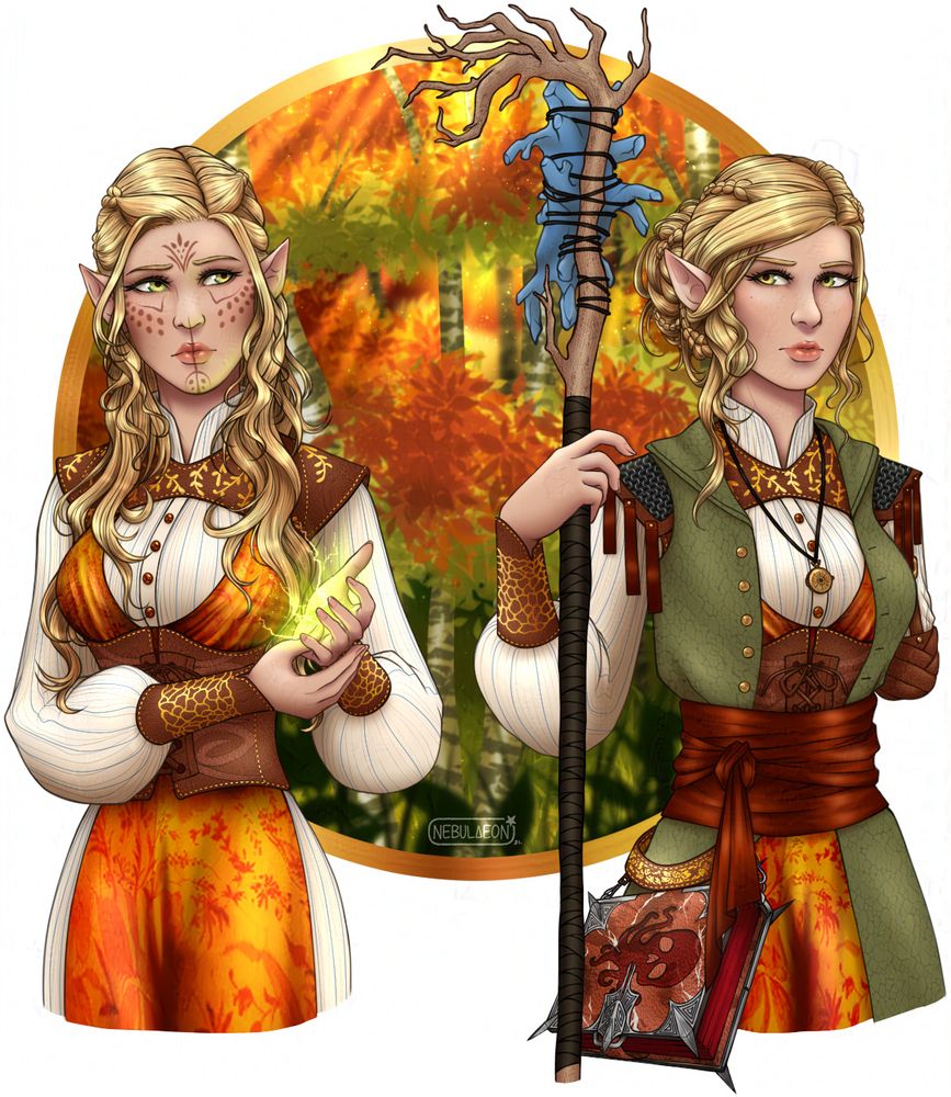 Original character art of a player character from Dragon Age: Inquisition. 
 Half body images of an elven woman with blonde hair and green eyes wearing orange, white, and green clothing. There are two versions of her showing how she looked at the beginning of the game and how she looked following a major DLC. 