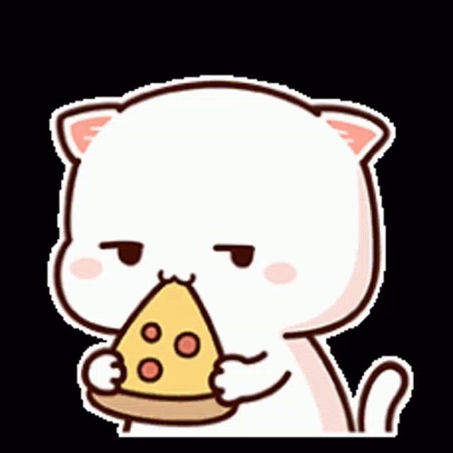 a cartoon cat is holding a piece of pizza in its mouth .