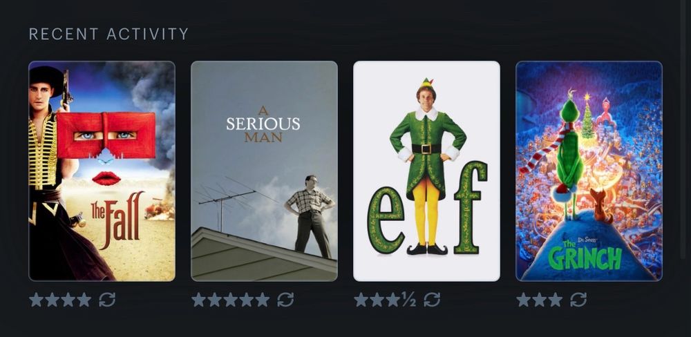 print do meu perfil do letterboxd mostrando os quatro últimos filmes assistidos e logados na plataforma. da esquerda pra direita: The Fall (2006), A Serious Man (2009), Elf (2003) e The Grinch (2018).