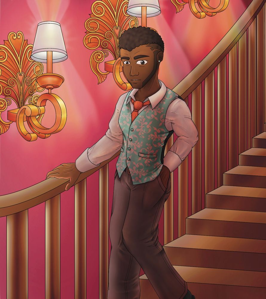 Cleon descends a set of stairs, with one hand on the banister and one hand in his pocket. He is dressed up in a formal vest, as if he is about to go somewhere fancy. His face bears an incredulous expression. The lights behind him are very harsh.