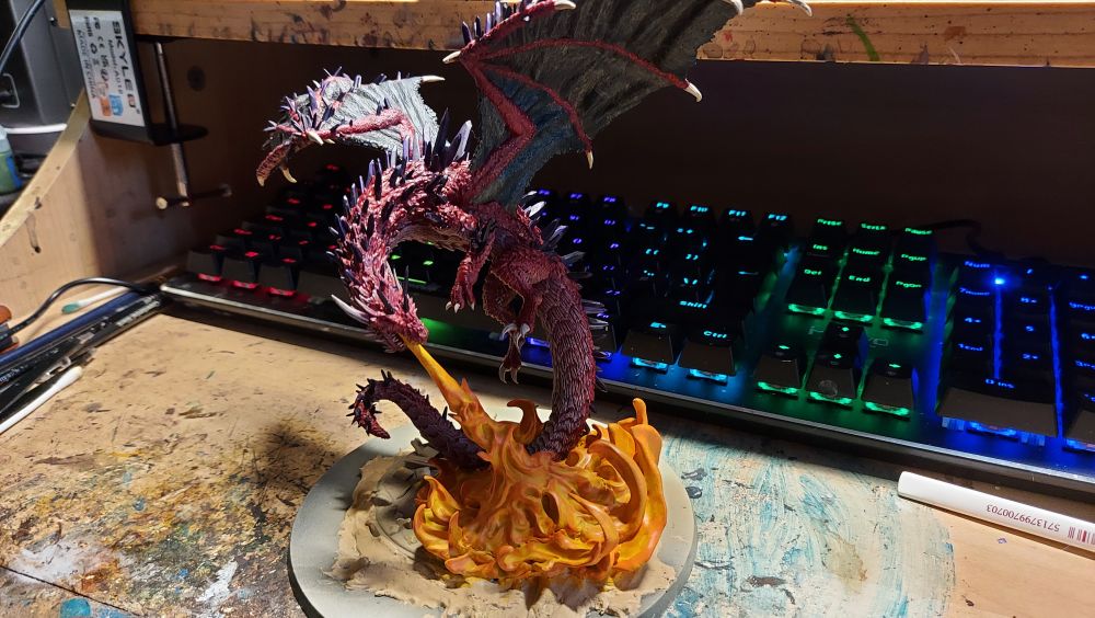 Work in progress of a fire breathing red dragon. Fire is coming along