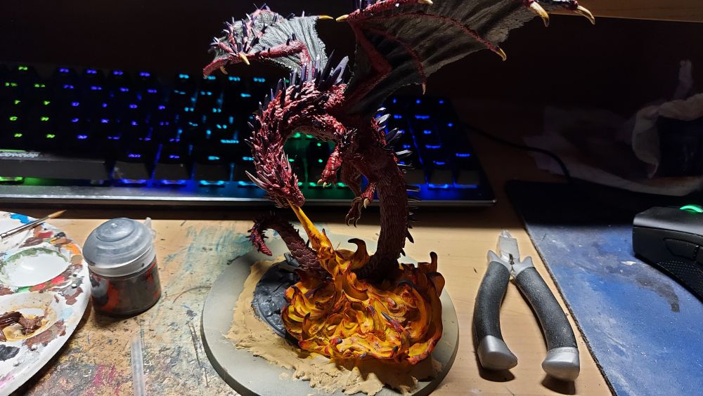 Work in Progress on the fire breathing red dragon. Fire is done
