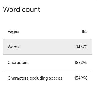 The picture shows the word count of a Google doc as follows:
Pages: 185
Words: 34570
Characters: 188395
Characters excluding spaces: 154998