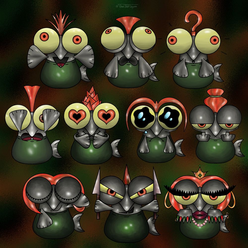 10 small drawings of Splatoon's character Small fry, each with different emotion (like excited, sad, etc).