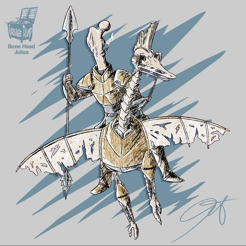 A femur riding a skeletal ostrich of sorts. Both armored