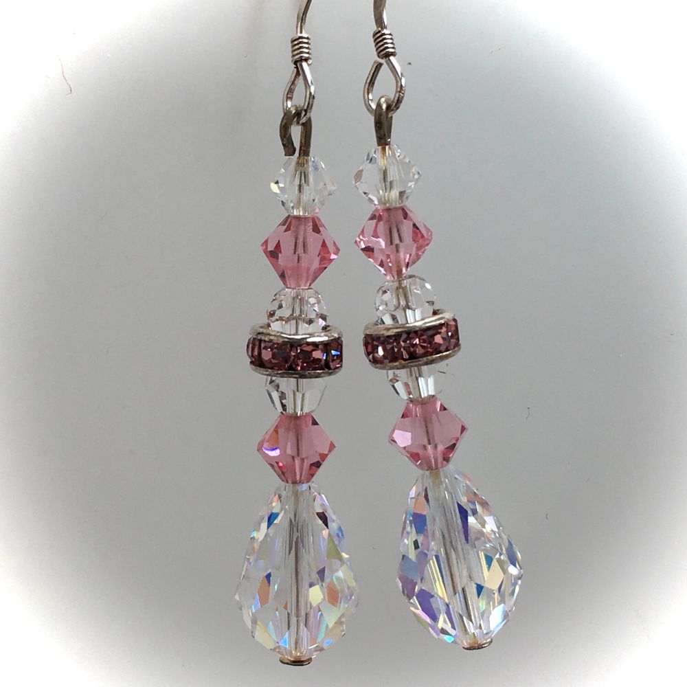 Long pink and clear crystal glass bead earrings available from Angela Smith Jewellery 