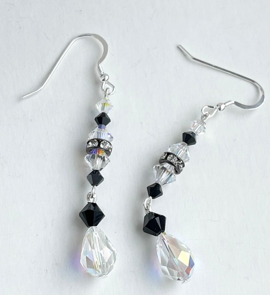Long jet black and clear Austrian crystal glass bead earrings with sterling silver ear hooks 