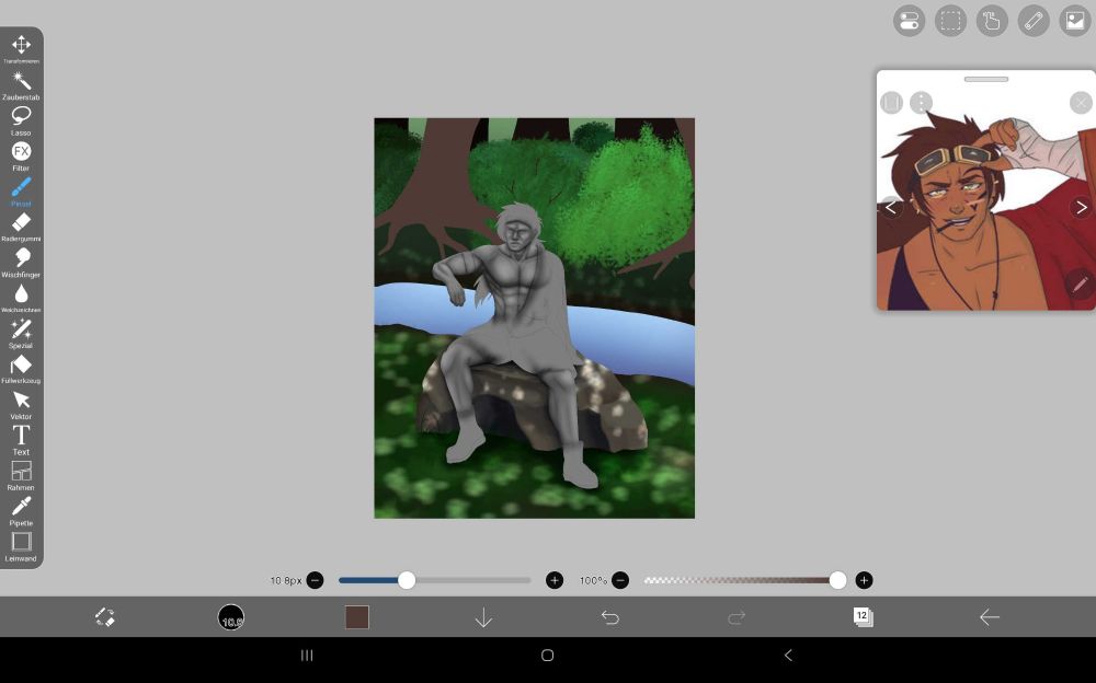 A screenshot of a commission. Pharos, a muscular man that's still in black and white in the WIP, sits on a rock in the middle of the forest. Lighting around him is dappled from foliage, while the rest of the background is still only solid color blocked.