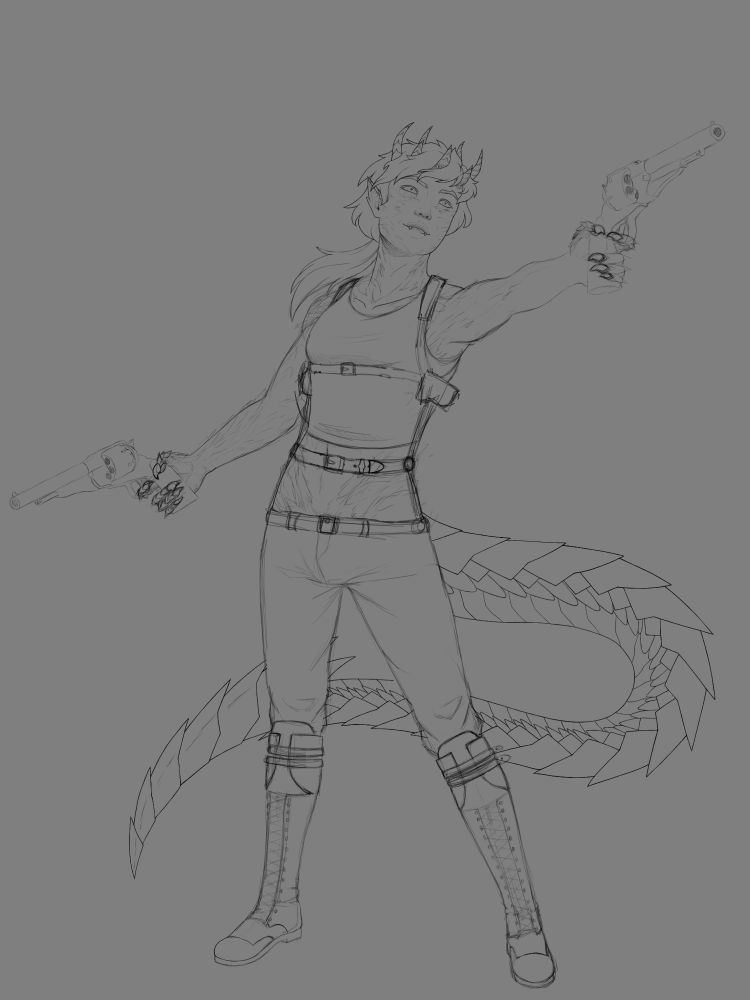 A sketch of a dragon fiend standing with a wide stance, holding a gun in each hand, one pointed at a target off screen. He is wearing a crop top with a harness that holds the gun holsters. A tail with a serrated, blade-like tip is swung behind him and seven horns crown his head. His pupils are two slits next to each other, like the rear view of a gun.