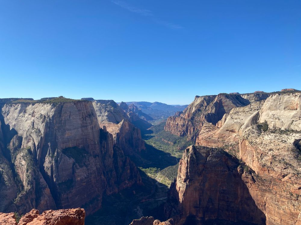 Observation Point looking down at Angels Landing and the main Zion Canyon in Zion National Park.