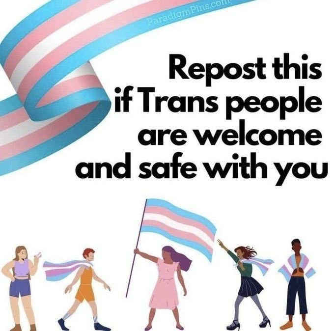 Text panel with a trans pride colored ribbon on the top left and 5 people with trans flags on the bottom.

The text reads: "Repost this if Trans people are welcome and safe with you"