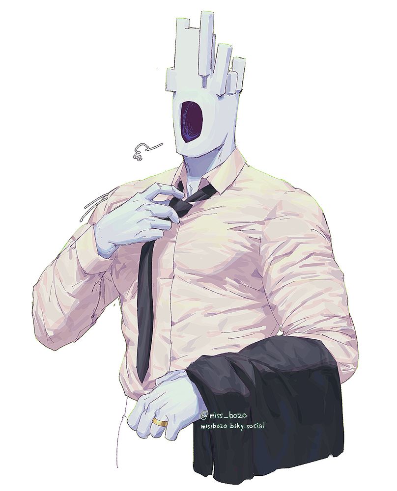 a halfbody art of Minos Prime in a dress shirt, loosening his tie with his right hand while his coat was slung over his left arm.