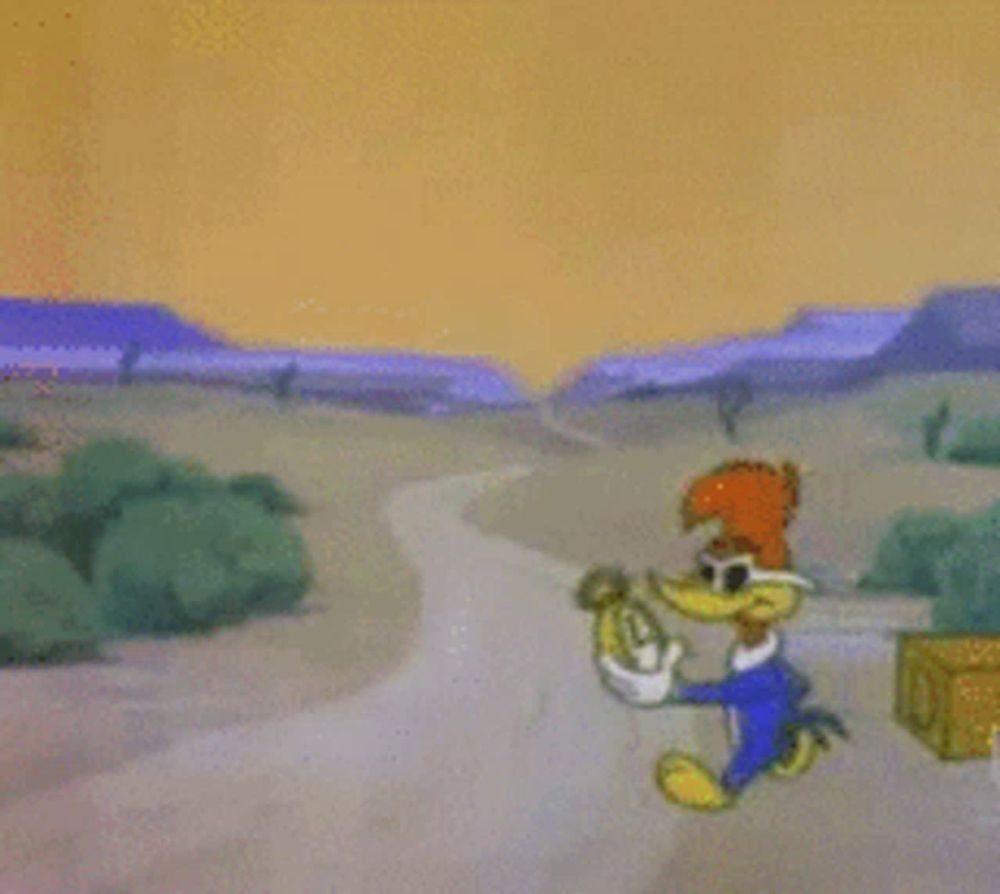 woody woodpecker is walking down a road holding a banana