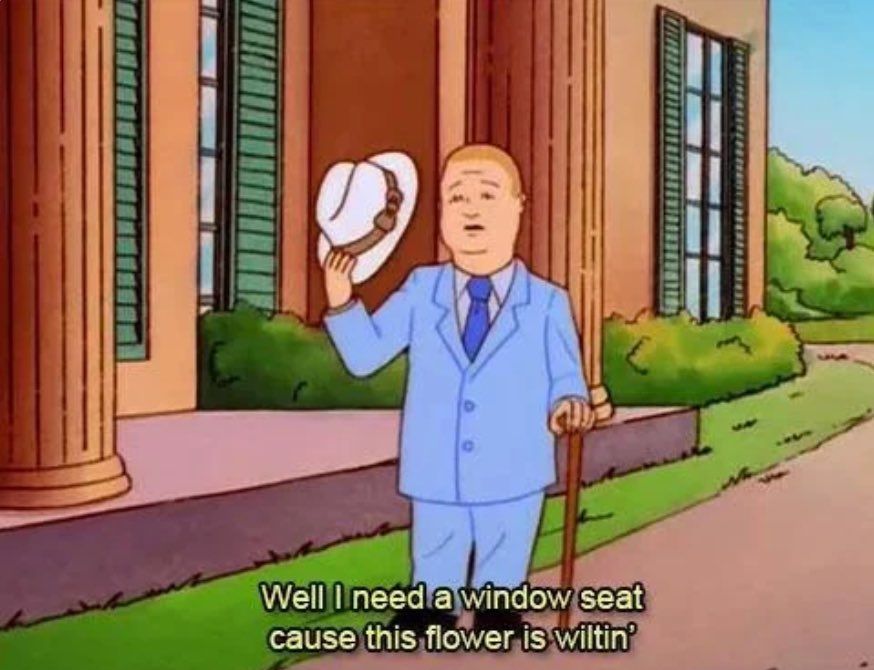 Bobby Hill from King of the Hill fans himself with a white brimmed hat. The image is captioned "Well I need a window seat, cause this flower is wiltin'"