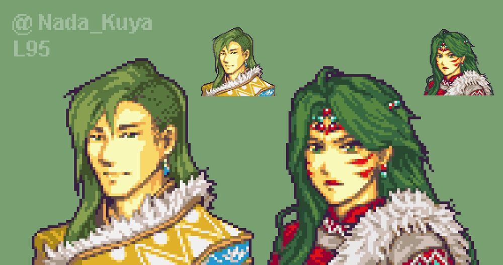 Pixel art rendering of two characters. The one on the left is Takoda, the one on the right is Catori. They both have bright fur-lined outfits. Takoda on the right is the calmer looking character, having a somewhat long face and relaxed eyes. Catori is on the right, she has a rounder face with a more determined expression, she has some war-paint and makeup.