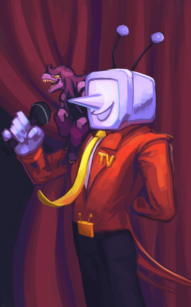 Digitally drawn Deltarune fanart. Tenna is standing on stage with Susie on his shoulder. He has one hand tucked behind his back while the other holds up a microphone to Susie. Susie is enthusiastically (though with relaxed body posture) shouting into the microphone