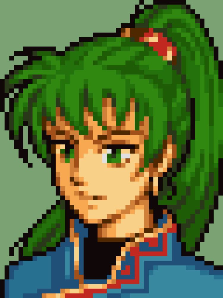 The character Lyn (リン) from Fire Emblem: The Blazing Blade (ファイアーエムブレム 烈火の剣) drawn at the pixel art portrait size of Fire Emblem: Thracia 776 (ファイアーエムブレム トラキア７７６). She has long green hair tied in a high ponytail and a blue shirt with teal and red trim.
