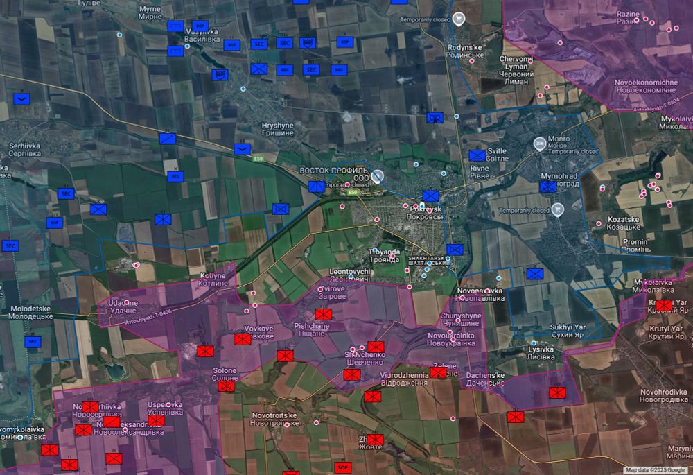 Pokrovsk as of 20th October 2025, showing a large grey area where Russian forces have been sighted deep in Pokrovsk
