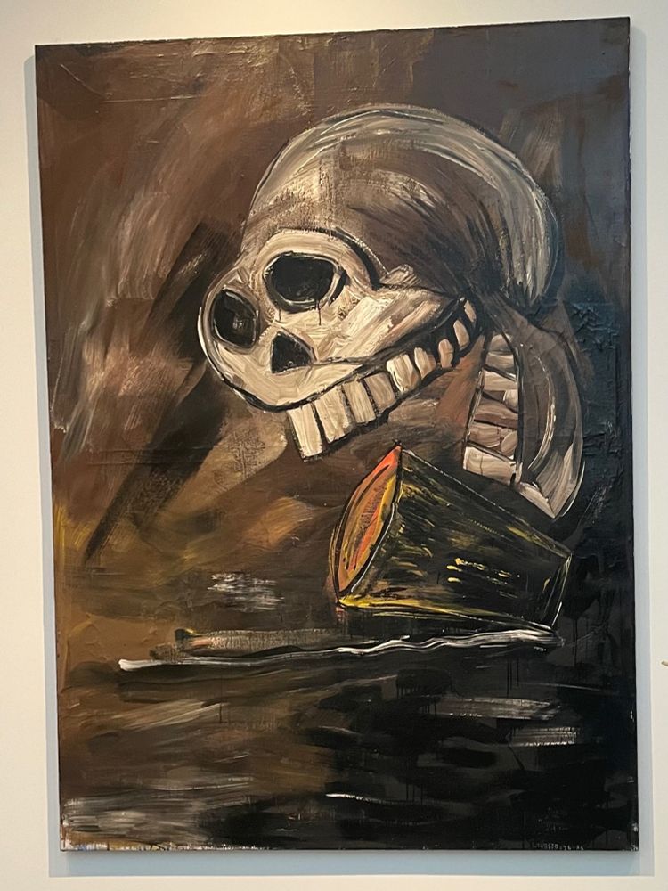 Immer Trinken II (Always Drink II) by Walter Dahn, acrylic painting. A “chaotic image” of a skull poised over a spilled beer glass as if to bite it.