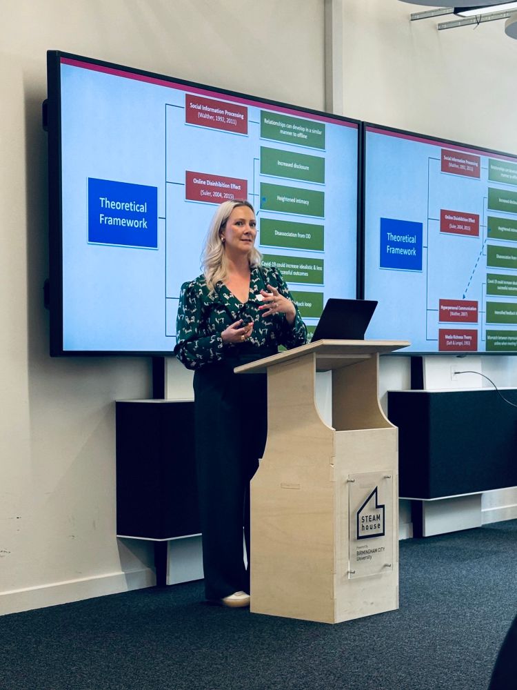 Photo is me standing at a podium with my slides behind me. The slide in the picture shows some text describing my theoretical framework but it’s not readable behind me