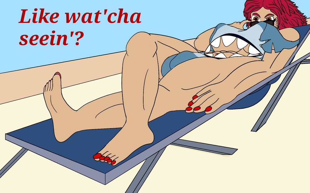 The six-foot-two-tall futanari athlete Melissa can be seen laying down on a pool chair, with her right leg crossed over her left leg. While you cannot see her mouth, as they are blocked by her breasts, you can see her lower sunglasses to look at you with her hazel eyes. She tells the viewer "Like watc'ha seein'?" with confidence. She is wearing a shark-themed swimsuit, with a gap at her midriff so that the suit looks like a shark with its mouth open. Thru the gap, you can see her chiseled abs and the bottom of her M-cup breasts. There is also a large bulge at her crotch.  Her long red hair flows behind the head of the chair, and her finger nails and toe nails are painted crimson red.