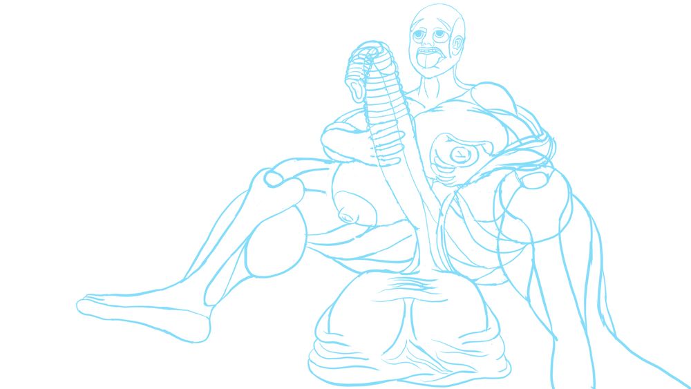 A work in progress sketch of Melissa, the Amazonian futanari, masturbating on the floor in the communal shower. Melissa is seen cupping one breast in her left hand, and using the other to stroke her massive shaft. Her cock is very girthy, with her veins being easily visible, and a copious thick amount of foreskin completely covers the glans of the penis, with the foreskin hangong down off the tip. Her hyper testicles roll across the floor, with layered ball/scrotum skin bunched up underneath. Her thick muscular legs and thicc thighs are spread wide to give her package space to breath. She is very muscular, and is looking up with instatiable lust as she imagines ungodly scenarios in her head. Her red hair flows down her face and head as the shower's water runs down her face.