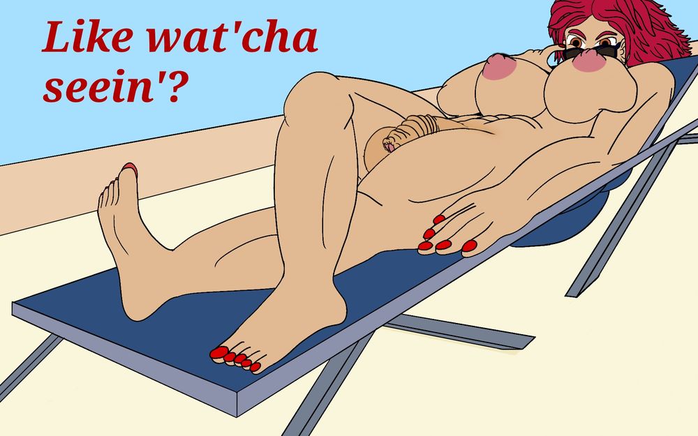 The six-foot-two-tall futanari athlete Melissa can be seen laying down on a pool chair, with her right leg crossed over her left leg. While you cannot see her mouth, as they are blocked by her breasts, you can see her lower sunglasses to look at you with her hazel eyes. She tells the viewer "Like watc'ha seein'?" with confidence. She is completely naked, and you can see her M-cup breasts in all of their glory, with her large nipples and areola perkwd up. Her chisled abs shine on her stomach, with a full sizpack. Her flaccid cock rests on her huge balls, probably about the size of a monster can. Her cock is entirely covered by her thick foreskin, bunched up near the tip. Her balls are almost as long as her cock in diameter, probably the size of shotput balls. Her long red hair flows behind the head of the chair, and her finger nails and toe nails are painted crimson red.