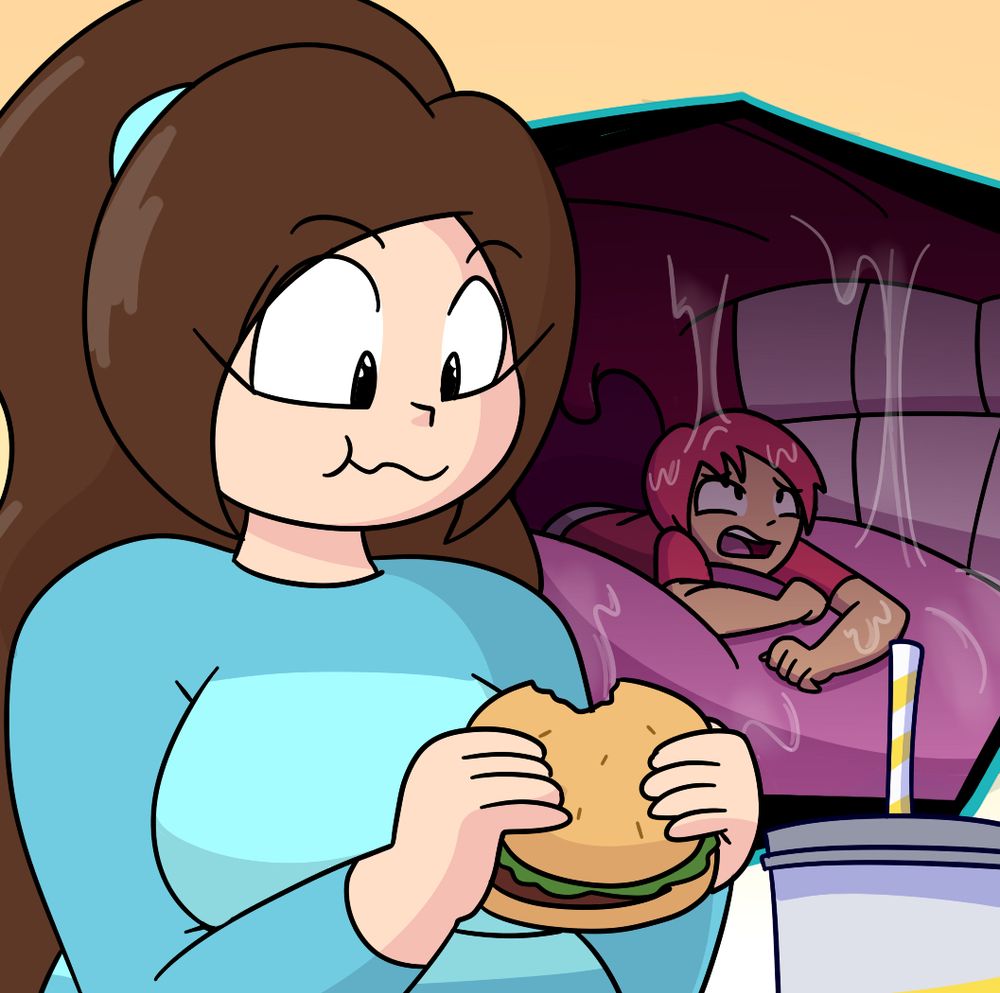 Valerie eating a burger, but not just any burger. It’s a Sid-Sandwich!!