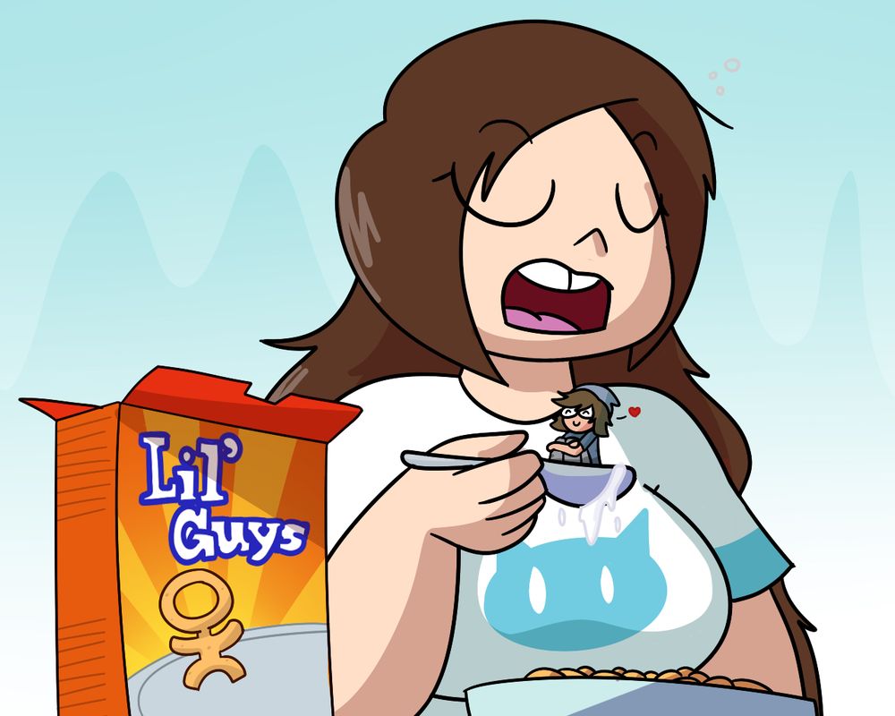 Valerie eating a bowl of cereal. Tiny-sized normal sits on the spoon
